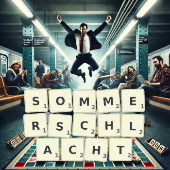 Kreative Illustration für ein Scrabble-Spiel, bei dem das Wort SOMMERSCHLACHT mit Steinen auf dem Brett gelegt wurde.