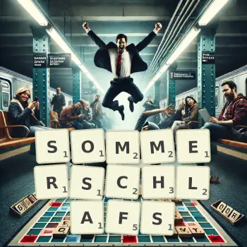 Kreative Illustration für ein Scrabble-Spiel, bei dem das Wort SOMMERSCHLAFS mit Steinen auf dem Brett gelegt wurde.
