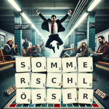 Kreative Illustration für ein Scrabble-Spiel, bei dem das Wort SOMMERSCHLÖSSER mit Steinen auf dem Brett gelegt wurde.