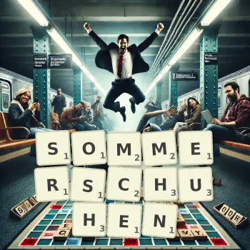 Kreative Illustration für ein Scrabble-Spiel, bei dem das Wort SOMMERSCHUHEN mit Steinen auf dem Brett gelegt wurde.