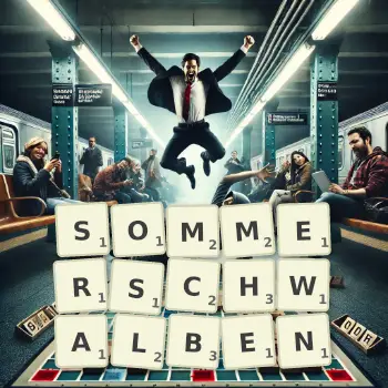 Kreative Illustration für ein Scrabble-Spiel, bei dem das Wort SOMMERSCHWALBEN mit Steinen auf dem Brett gelegt wurde.