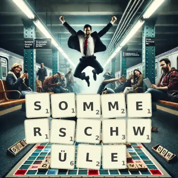 Kreative Illustration für ein Scrabble-Spiel, bei dem das Wort SOMMERSCHWÜLE mit Steinen auf dem Brett gelegt wurde.