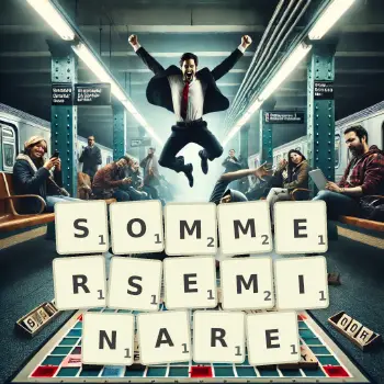 Kreative Illustration für ein Scrabble-Spiel, bei dem das Wort SOMMERSEMINARE mit Steinen auf dem Brett gelegt wurde.