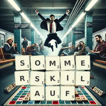 Kreative Illustration für ein Scrabble-Spiel, bei dem das Wort SOMMERSKILAUF mit Steinen auf dem Brett gelegt wurde.