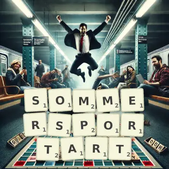 Kreative Illustration für ein Scrabble-Spiel, bei dem das Wort SOMMERSPORTART mit Steinen auf dem Brett gelegt wurde.