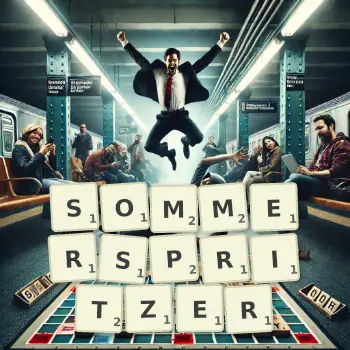 Kreative Illustration für ein Scrabble-Spiel, bei dem das Wort SOMMERSPRITZER mit Steinen auf dem Brett gelegt wurde.