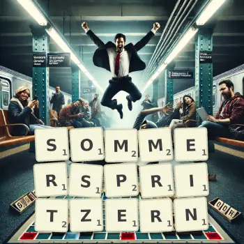 Kreative Illustration für ein Scrabble-Spiel, bei dem das Wort SOMMERSPRITZERN mit Steinen auf dem Brett gelegt wurde.