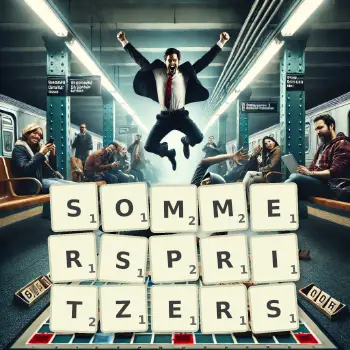 Kreative Illustration für ein Scrabble-Spiel, bei dem das Wort SOMMERSPRITZERS mit Steinen auf dem Brett gelegt wurde.