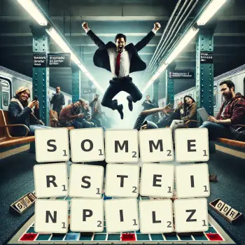 Kreative Illustration für ein Scrabble-Spiel, bei dem das Wort SOMMERSTEINPILZ mit Steinen auf dem Brett gelegt wurde.
