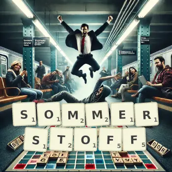 Kreative Illustration für ein Scrabble-Spiel, bei dem das Wort SOMMERSTOFF mit Steinen auf dem Brett gelegt wurde.