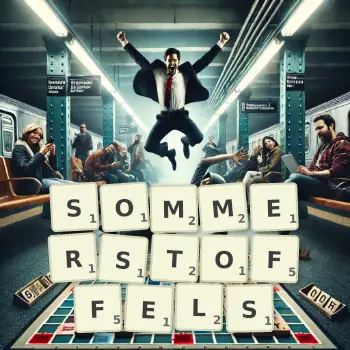 Kreative Illustration für ein Scrabble-Spiel, bei dem das Wort SOMMERSTOFFELS mit Steinen auf dem Brett gelegt wurde.