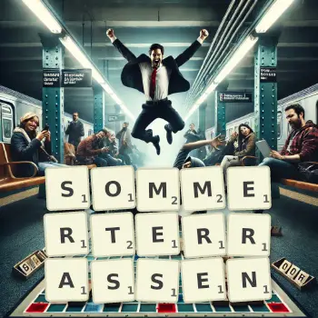 Kreative Illustration für ein Scrabble-Spiel, bei dem das Wort SOMMERTERRASSEN mit Steinen auf dem Brett gelegt wurde.