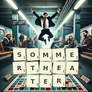 Kreative Illustration für ein Scrabble-Spiel, bei dem das Wort SOMMERTHEATER mit Steinen auf dem Brett gelegt wurde.