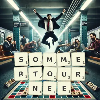 Kreative Illustration für ein Scrabble-Spiel, bei dem das Wort SOMMERTOURNEE mit Steinen auf dem Brett gelegt wurde.