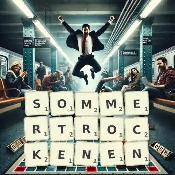 Kreative Illustration für ein Scrabble-Spiel, bei dem das Wort SOMMERTROCKENEN mit Steinen auf dem Brett gelegt wurde.