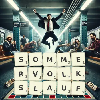 Kreative Illustration für ein Scrabble-Spiel, bei dem das Wort SOMMERVOLKSLAUF mit Steinen auf dem Brett gelegt wurde.