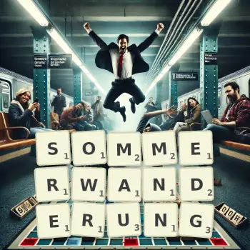 Kreative Illustration für ein Scrabble-Spiel, bei dem das Wort SOMMERWANDERUNG mit Steinen auf dem Brett gelegt wurde.