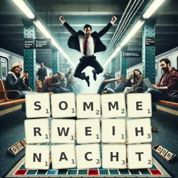 Kreative Illustration für ein Scrabble-Spiel, bei dem das Wort SOMMERWEIHNACHT mit Steinen auf dem Brett gelegt wurde.