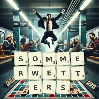 Kreative Illustration für ein Scrabble-Spiel, bei dem das Wort SOMMERWETTERS mit Steinen auf dem Brett gelegt wurde.