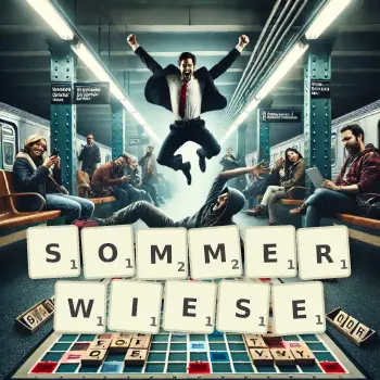 Kreative Illustration für ein Scrabble-Spiel, bei dem das Wort SOMMERWIESE mit Steinen auf dem Brett gelegt wurde.