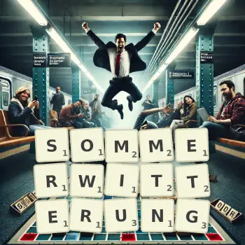 Kreative Illustration für ein Scrabble-Spiel, bei dem das Wort SOMMERWITTERUNG mit Steinen auf dem Brett gelegt wurde.