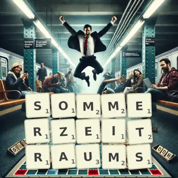 Kreative Illustration für ein Scrabble-Spiel, bei dem das Wort SOMMERZEITRAUMS mit Steinen auf dem Brett gelegt wurde.