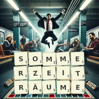 Kreative Illustration für ein Scrabble-Spiel, bei dem das Wort SOMMERZEITRÄUME mit Steinen auf dem Brett gelegt wurde.