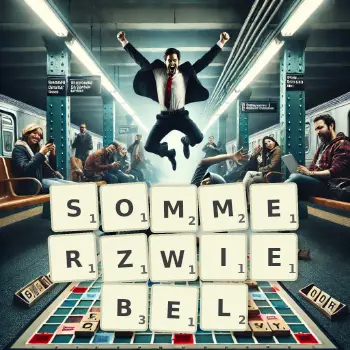 Kreative Illustration für ein Scrabble-Spiel, bei dem das Wort SOMMERZWIEBEL mit Steinen auf dem Brett gelegt wurde.