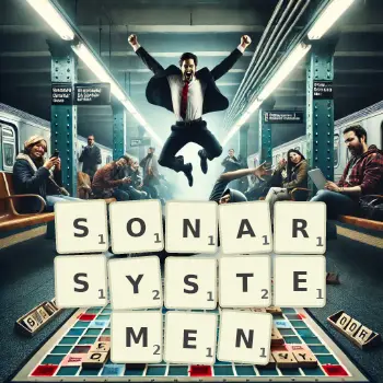 Kreative Illustration für ein Scrabble-Spiel, bei dem das Wort SONARSYSTEMEN mit Steinen auf dem Brett gelegt wurde.