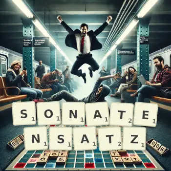 Kreative Illustration für ein Scrabble-Spiel, bei dem das Wort SONATENSATZ mit Steinen auf dem Brett gelegt wurde.