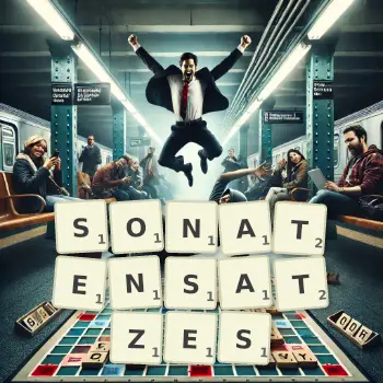 Kreative Illustration für ein Scrabble-Spiel, bei dem das Wort SONATENSATZES mit Steinen auf dem Brett gelegt wurde.