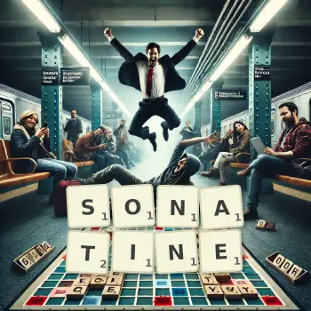 Kreative Illustration für ein Scrabble-Spiel, bei dem das Wort SONATINE mit Steinen auf dem Brett gelegt wurde.
