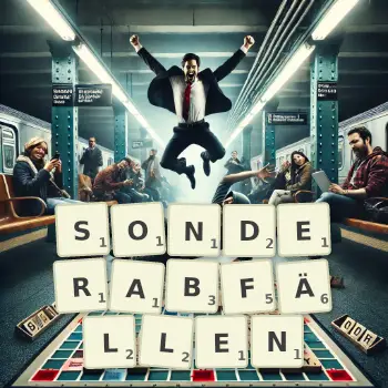 Kreative Illustration für ein Scrabble-Spiel, bei dem das Wort SONDERABFÄLLEN mit Steinen auf dem Brett gelegt wurde.