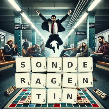 Kreative Illustration für ein Scrabble-Spiel, bei dem das Wort SONDERAGENTIN mit Steinen auf dem Brett gelegt wurde.