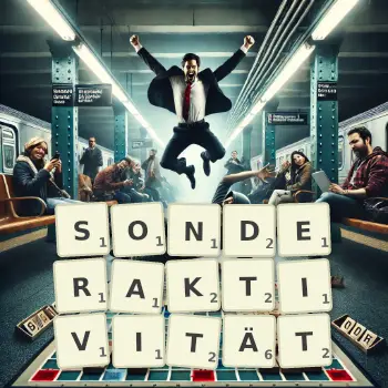 Kreative Illustration für ein Scrabble-Spiel, bei dem das Wort SONDERAKTIVITÄT mit Steinen auf dem Brett gelegt wurde.