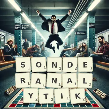 Kreative Illustration für ein Scrabble-Spiel, bei dem das Wort SONDERANALYTIK mit Steinen auf dem Brett gelegt wurde.