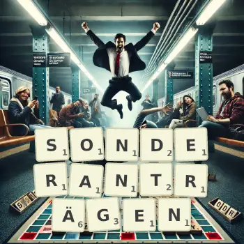 Kreative Illustration für ein Scrabble-Spiel, bei dem das Wort SONDERANTRÄGEN mit Steinen auf dem Brett gelegt wurde.
