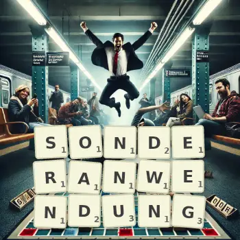 Kreative Illustration für ein Scrabble-Spiel, bei dem das Wort SONDERANWENDUNG mit Steinen auf dem Brett gelegt wurde.