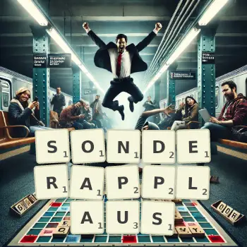 Kreative Illustration für ein Scrabble-Spiel, bei dem das Wort SONDERAPPLAUS mit Steinen auf dem Brett gelegt wurde.