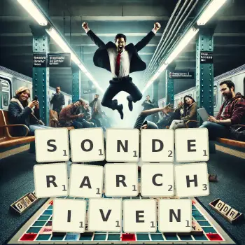 Kreative Illustration für ein Scrabble-Spiel, bei dem das Wort SONDERARCHIVEN mit Steinen auf dem Brett gelegt wurde.