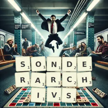 Kreative Illustration für ein Scrabble-Spiel, bei dem das Wort SONDERARCHIVS mit Steinen auf dem Brett gelegt wurde.