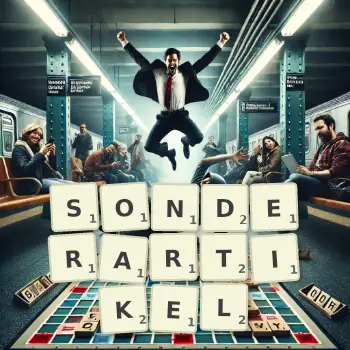 Kreative Illustration für ein Scrabble-Spiel, bei dem das Wort SONDERARTIKEL mit Steinen auf dem Brett gelegt wurde.