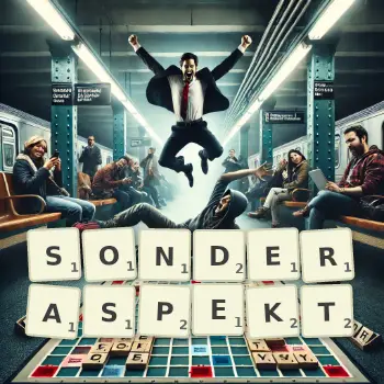 Kreative Illustration für ein Scrabble-Spiel, bei dem das Wort SONDERASPEKT mit Steinen auf dem Brett gelegt wurde.