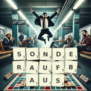 Kreative Illustration für ein Scrabble-Spiel, bei dem das Wort SONDERAUFBAUS mit Steinen auf dem Brett gelegt wurde.
