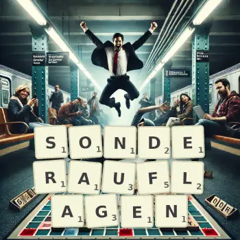 Kreative Illustration für ein Scrabble-Spiel, bei dem das Wort SONDERAUFLAGEN mit Steinen auf dem Brett gelegt wurde.