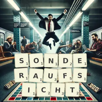 Kreative Illustration für ein Scrabble-Spiel, bei dem das Wort SONDERAUFSICHT mit Steinen auf dem Brett gelegt wurde.
