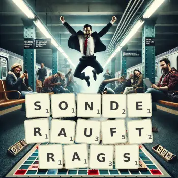 Kreative Illustration für ein Scrabble-Spiel, bei dem das Wort SONDERAUFTRAGS mit Steinen auf dem Brett gelegt wurde.