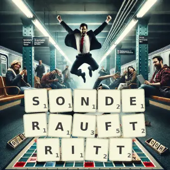 Kreative Illustration für ein Scrabble-Spiel, bei dem das Wort SONDERAUFTRITT mit Steinen auf dem Brett gelegt wurde.
