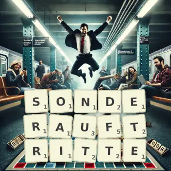 Kreative Illustration für ein Scrabble-Spiel, bei dem das Wort SONDERAUFTRITTE mit Steinen auf dem Brett gelegt wurde.