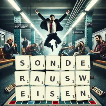 Kreative Illustration für ein Scrabble-Spiel, bei dem das Wort SONDERAUSWEISEN mit Steinen auf dem Brett gelegt wurde.